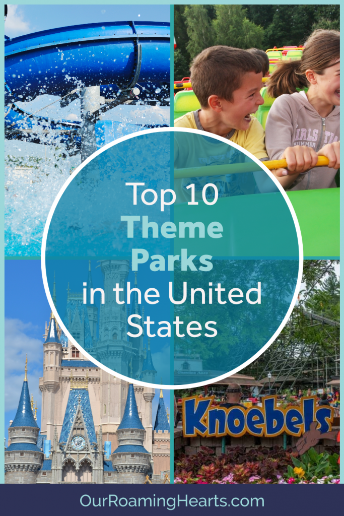 Theme Park Enthusiast will love this one! These are our Top Theme Parks in the US. We love them and are positive you will too! #ourroaminghearts #themeparks #hersheypark #magickingdom #knoebels #noahsarkwaterpark #knottsberryfarm #cedarpoint #sixflagsmagicmountain #kindsisland #universalsislandofadventure | Theme Parks in the US | Top Theme Parks | Waterparks | Rollercoaster Parks | Best Theme Parks In the US